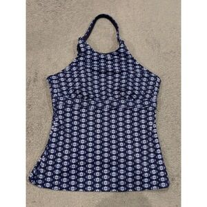 Athleta Navy Blue White Medallion Halter Tankini Swim Top 36B/C 293155-01